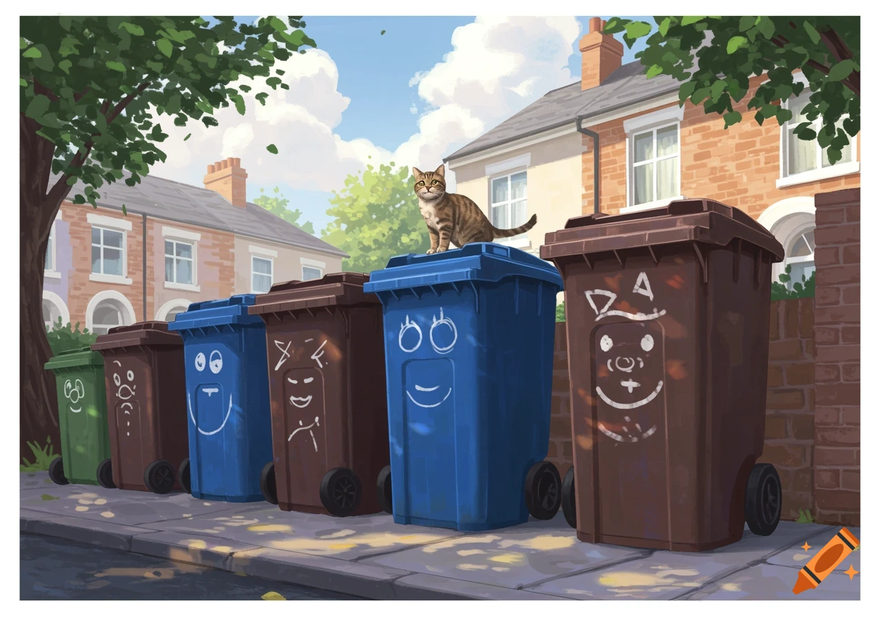 A tabby cat sits atop a blue wheelie bin in a row of green, brown, and blue bins, some with drawn faces, on a sidewalk in front of houses.