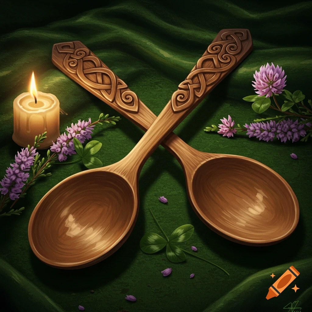 Two ornate Celtic love spoons cross on a dark green cloth, with a lit candle, purple flowers, and clover.