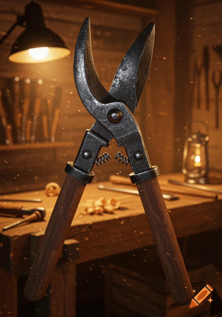 Vintage metal loppers with wooden handles on a wooden workbench in a dusty, dimly lit workshop, illuminated by a lamp.