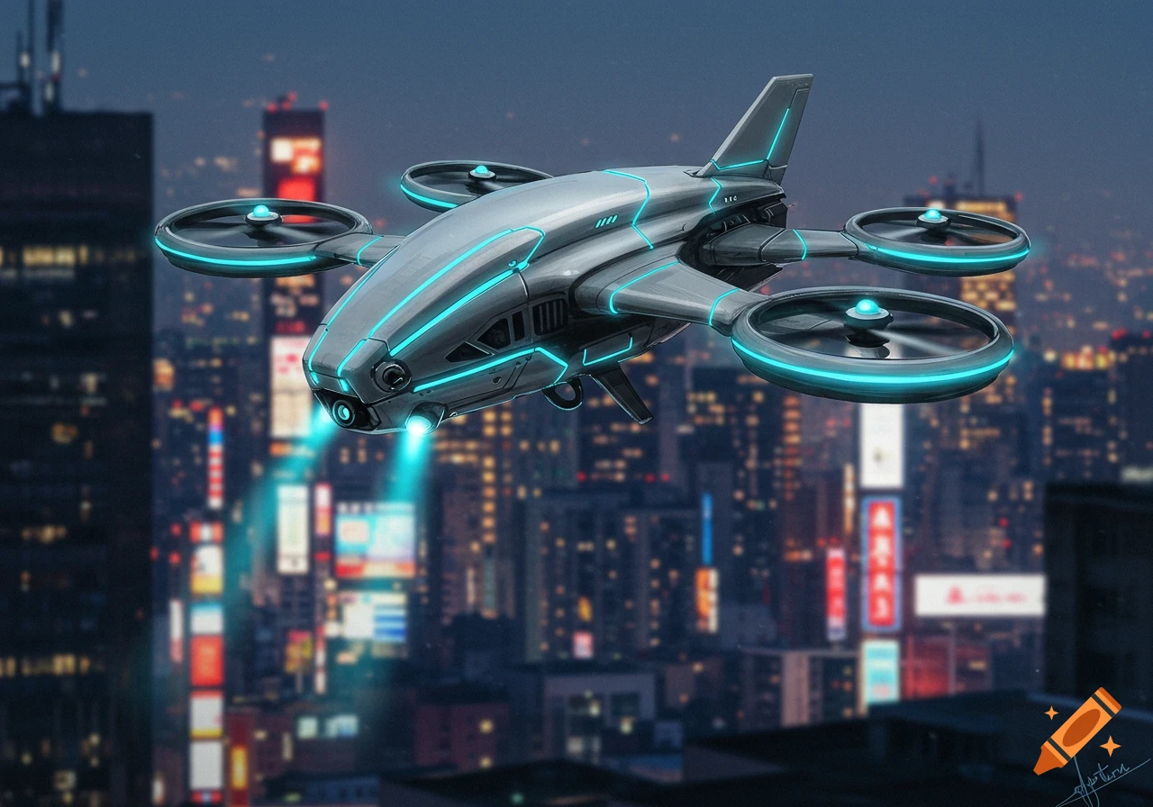 A sleek, futuristic grey drone with glowing blue lights flies over a blurred, illuminated city at night.