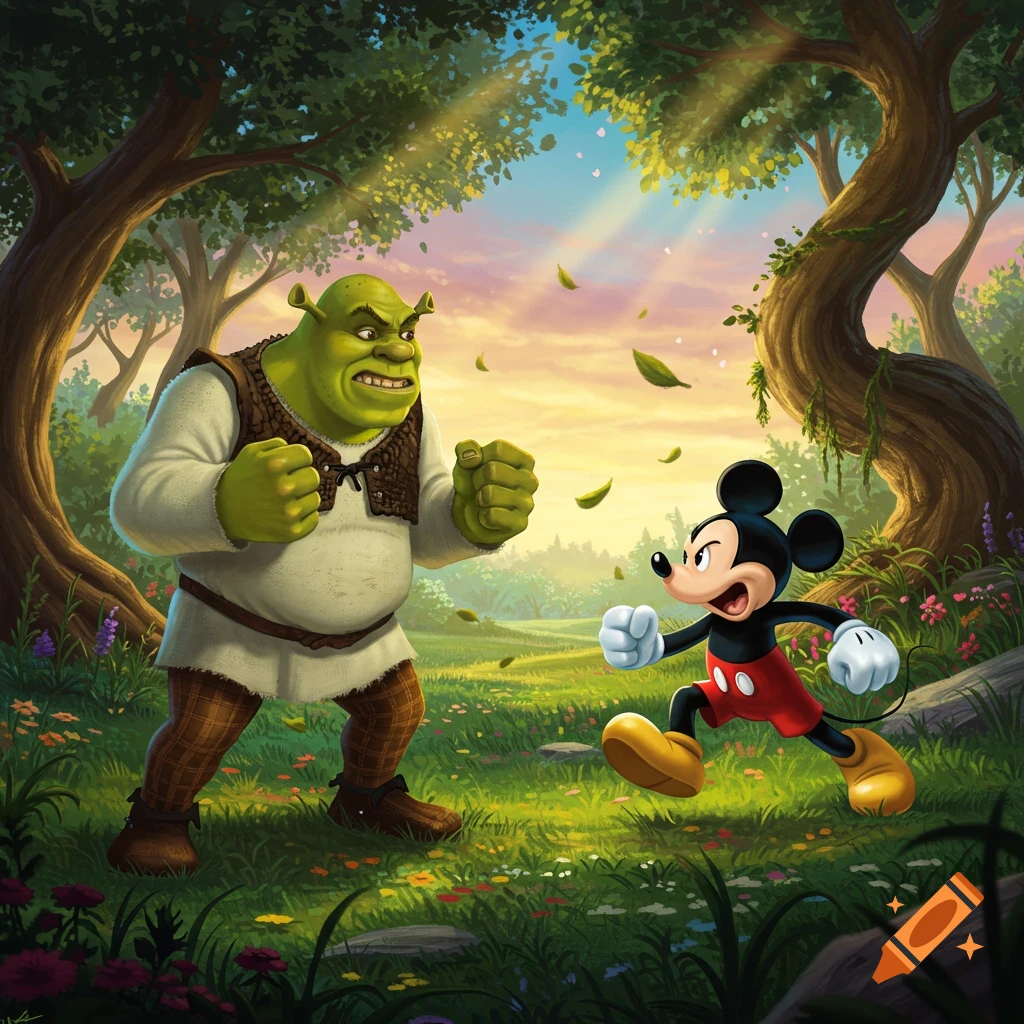 Shrek and Mickey Mouse square off in a vibrant, lush green forest under a colorful sky.