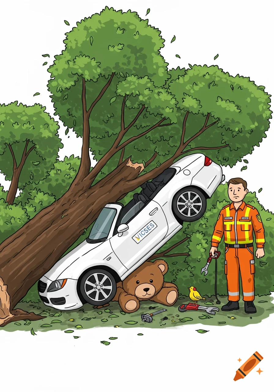 A cartoon shows a white car crashed into a fallen tree, with a large teddy bear underneath. A VICSES volunteer in an orange uniform stands nearby.