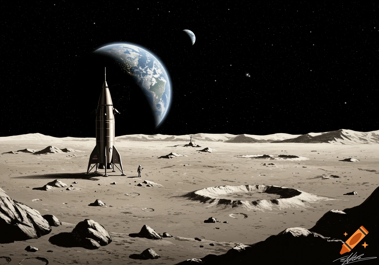 A retro-futuristic rocket stands on the moon's cratered surface under a star-filled sky, with Earth and another moon visible.