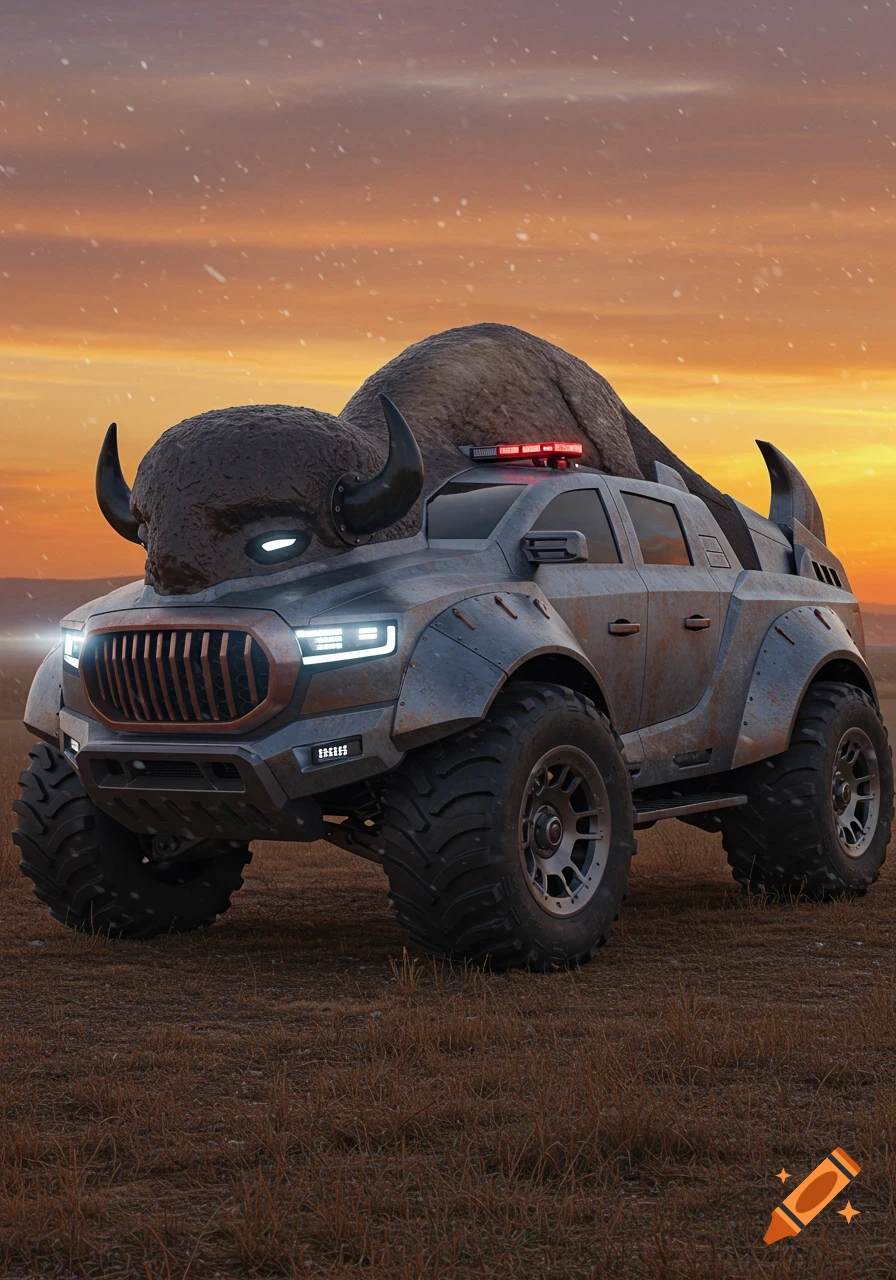 A futuristic, rugged bison-themed emergency vehicle with glowing eyes and lights, standing in a snowy field at sunset.