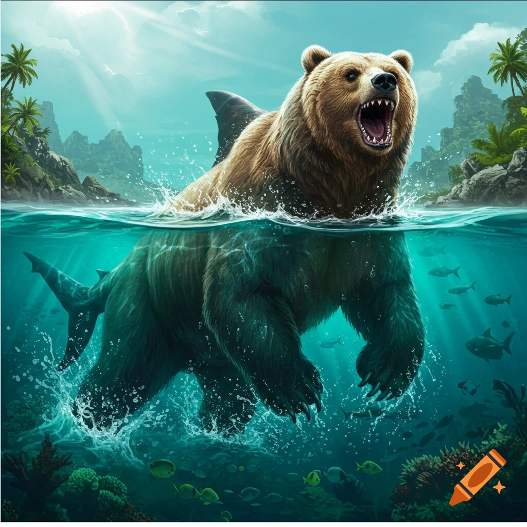 A realistic shark-bear hybrid with a dorsal fin and tail splashes in turquoise tropical water, with coral, fish, and islands in the background.