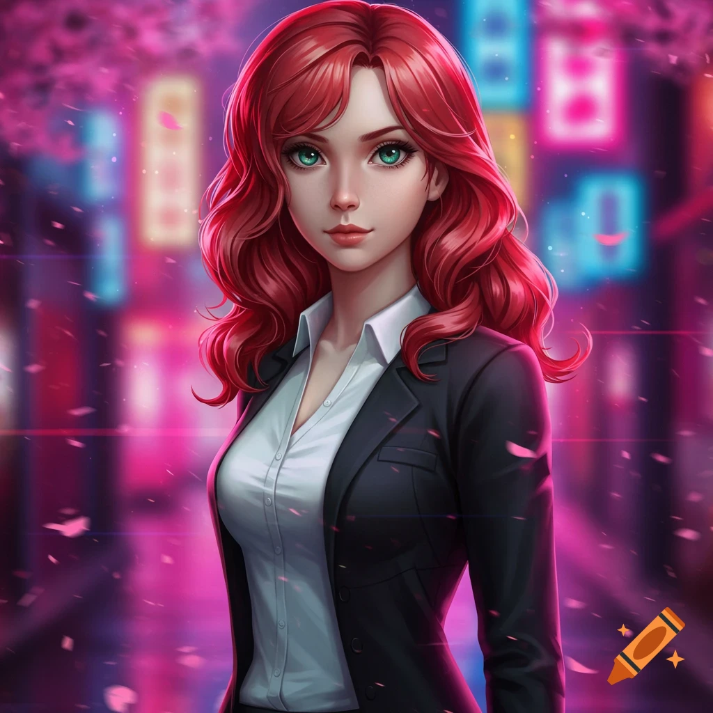 An anime-style portrait of a red-haired woman in a business suit standing in front of a blurred, neon-lit city street.