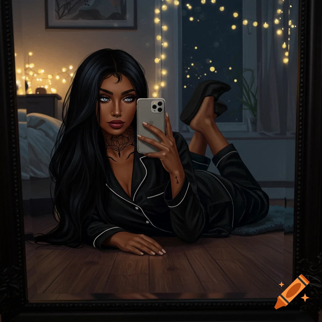 Digital illustration of a woman with long black hair and a neck tattoo taking a mirror selfie in black pajamas in a dimly lit bedroom.