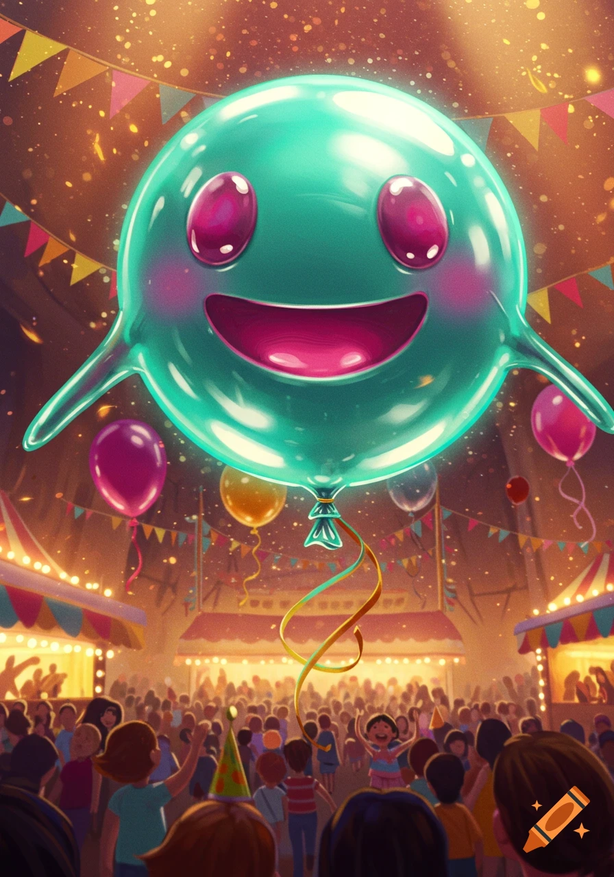 A vibrant illustration of a large, smiling teal balloon floating above a festive, illuminated carnival crowd with confetti and other balloons.