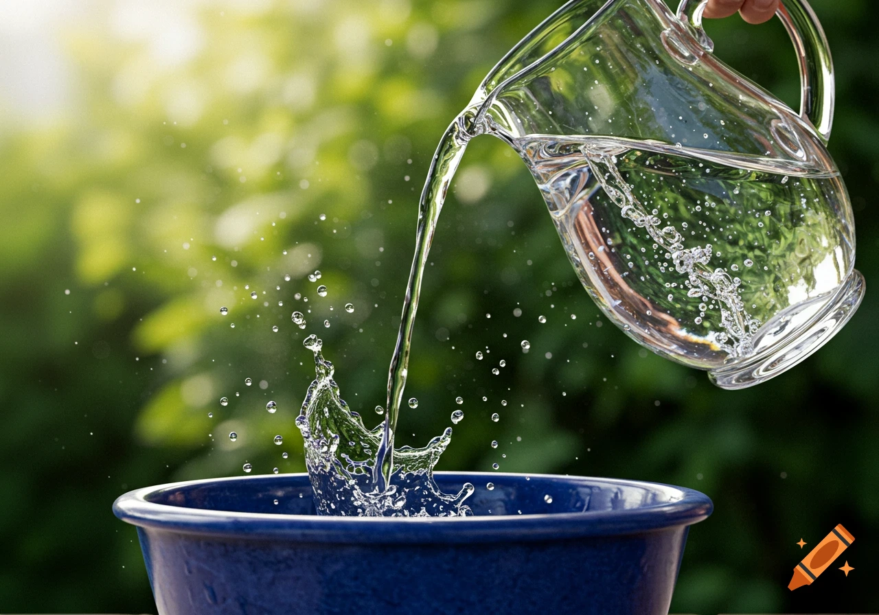 Water pouring from a clear glass pitcher into a blue bowl, creating a splash with water droplets against a blurry green background.