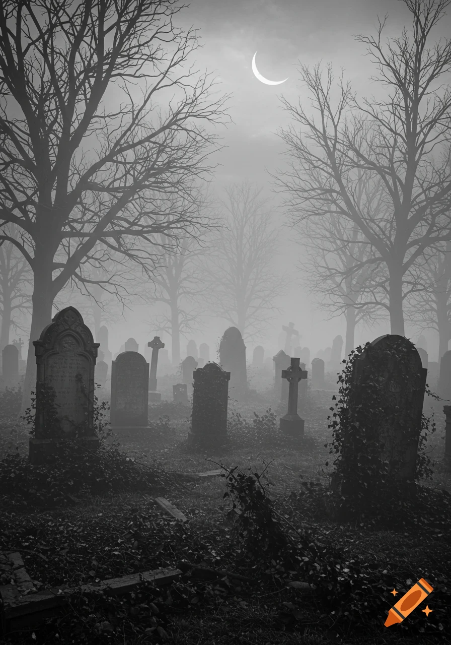 A dark, foggy graveyard with numerous tombstones and bare trees under a crescent moon, rendered in greyscale.