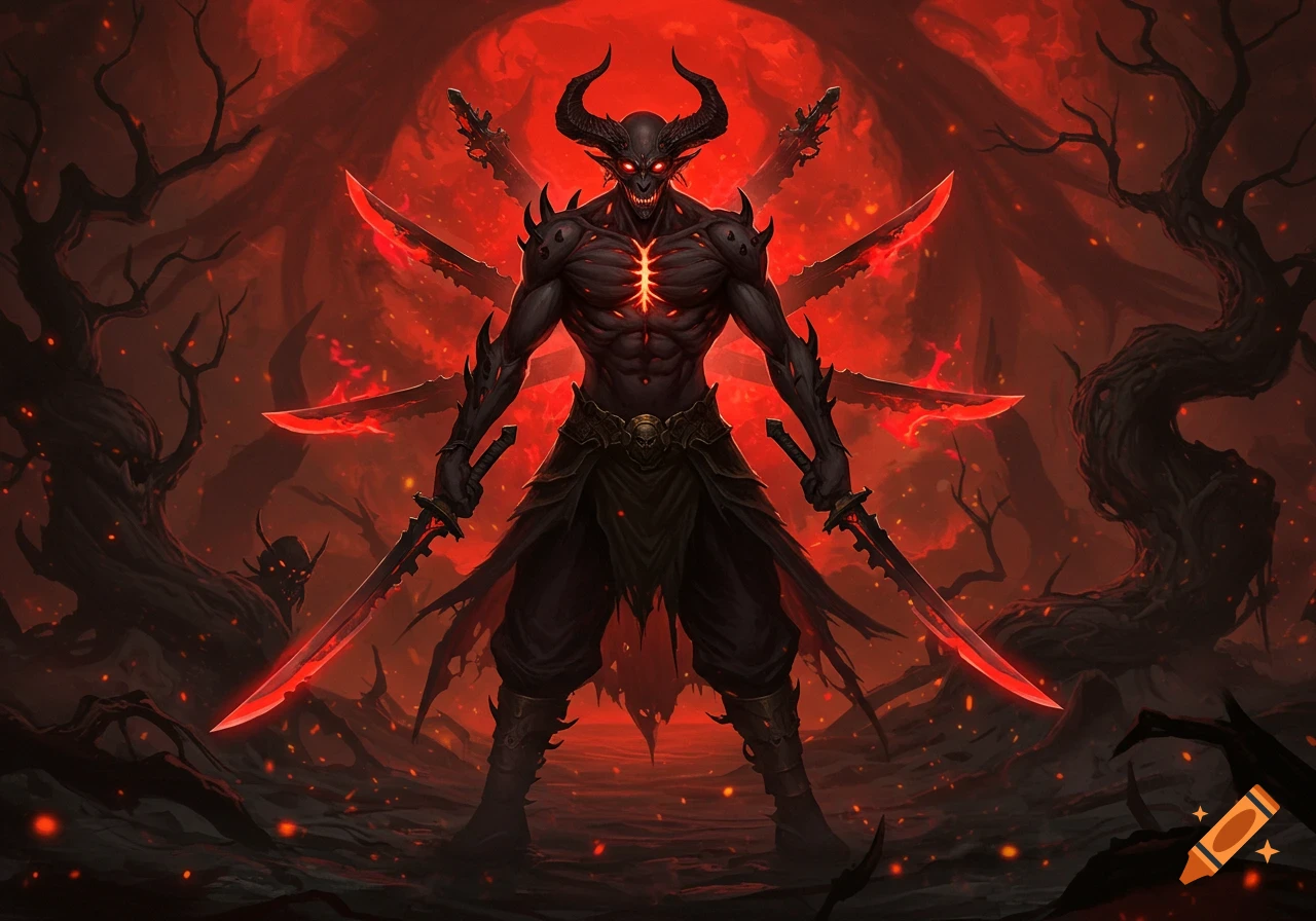 A menacing horned demon with red eyes and glowing chest stands in a fiery, dark landscape, wielding two swords with four more on its back. Dark fantasy art.