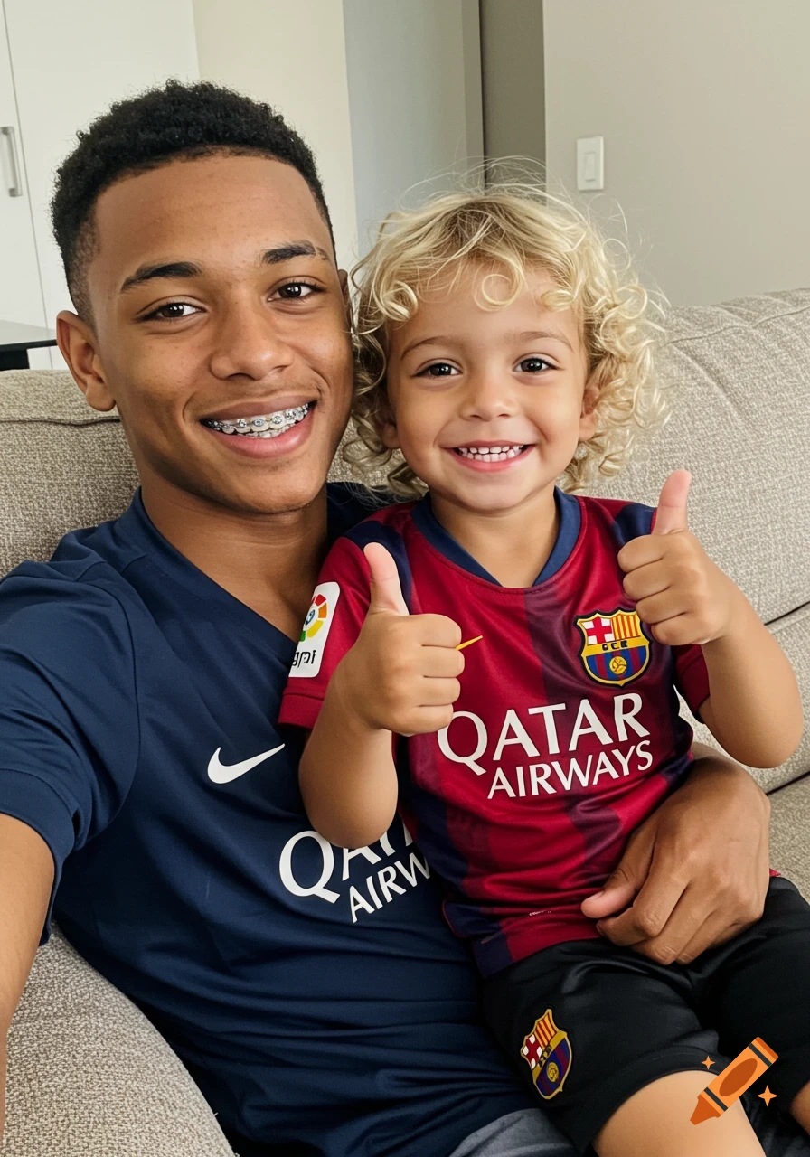 A young Afro-Brazilian man with braces and a buzzcut holds a smiling blonde-haired boy with missing front teeth. Both wear soccer jerseys and give thumbs up on a couch.
