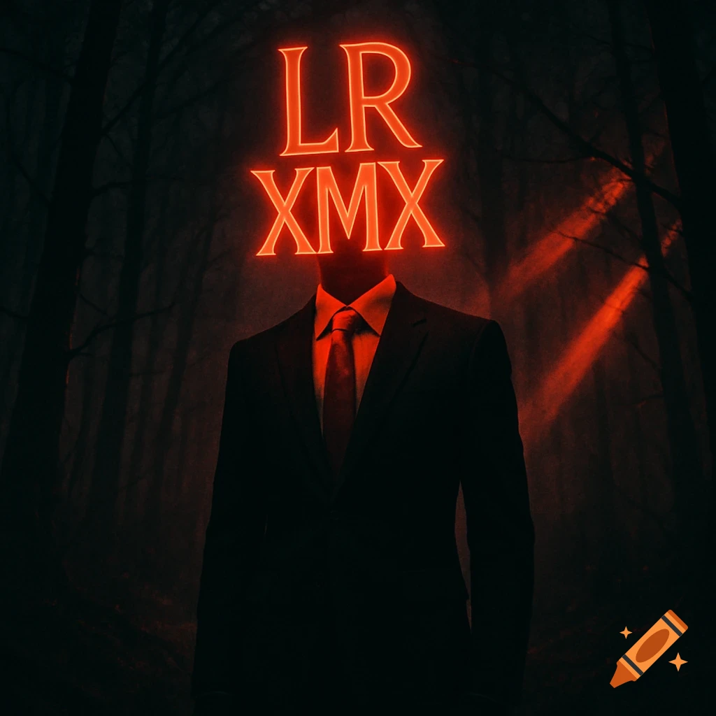 A mysterious figure in a black suit with a glowing red 'LR XMX' for a head stands in a dark, gloomy forest.