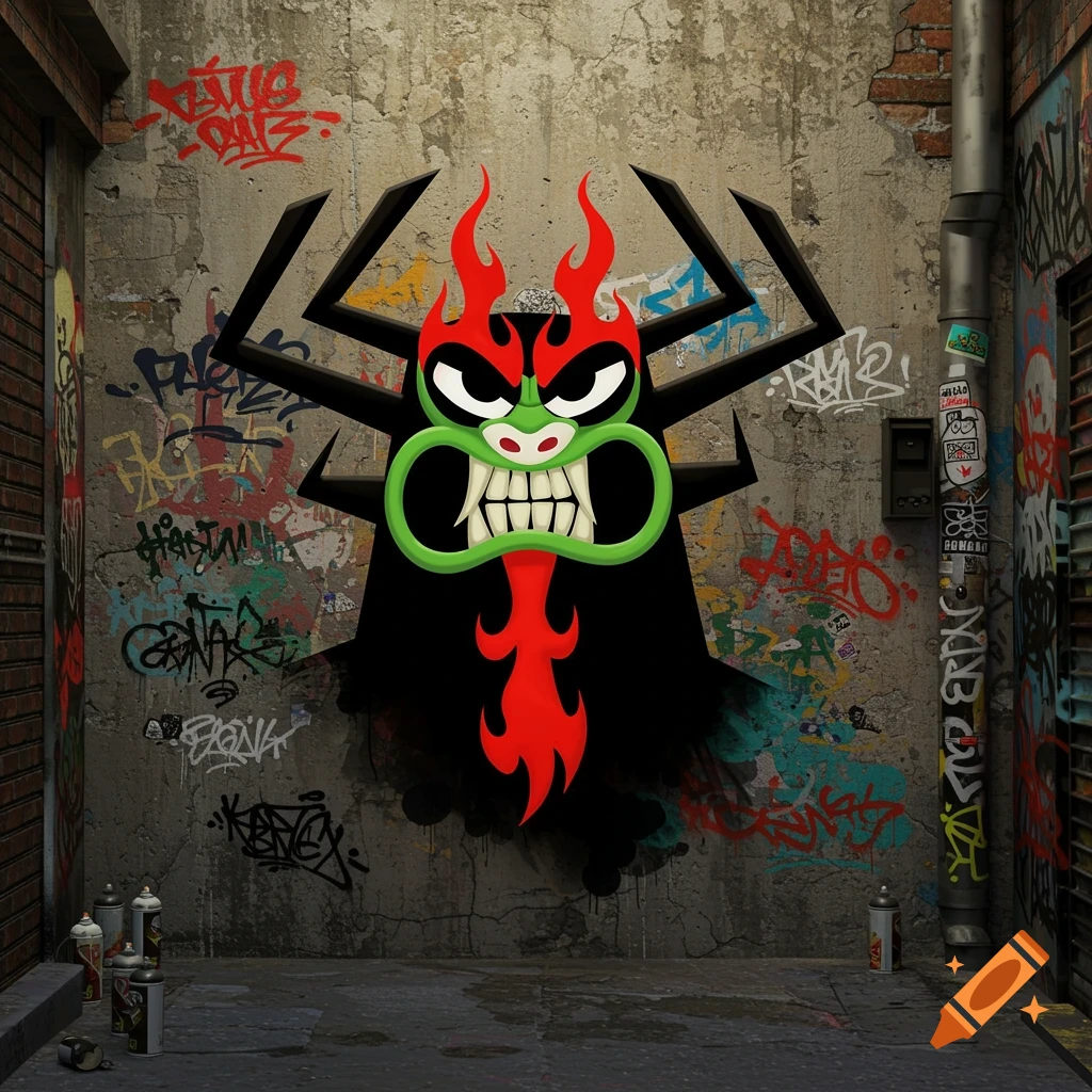 Graffiti art of Aku from Samurai Jack on a grimy alley wall, surrounded by other tags and spray cans.