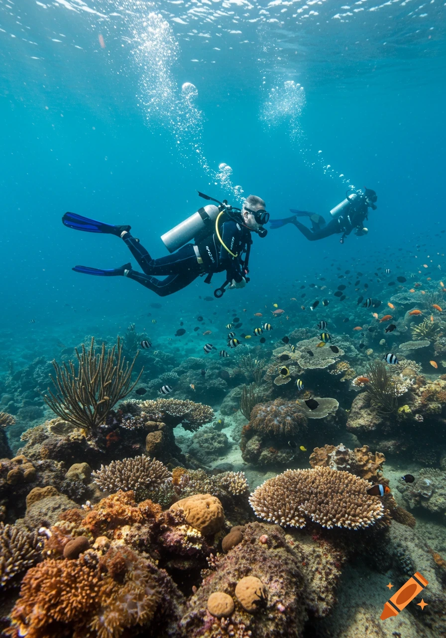 Two scuba divers swim above a vibrant coral reef teeming with colorful fish in clear blue ocean water.