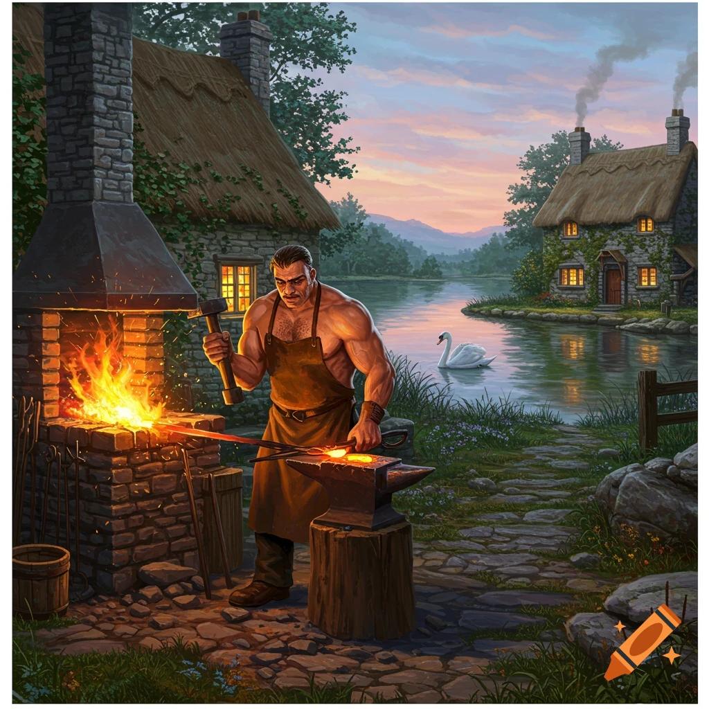 A muscular blacksmith works at a fiery forge beside a tranquil lake with a swan, quaint cottages in the background at sunset, in a fantasy art style.