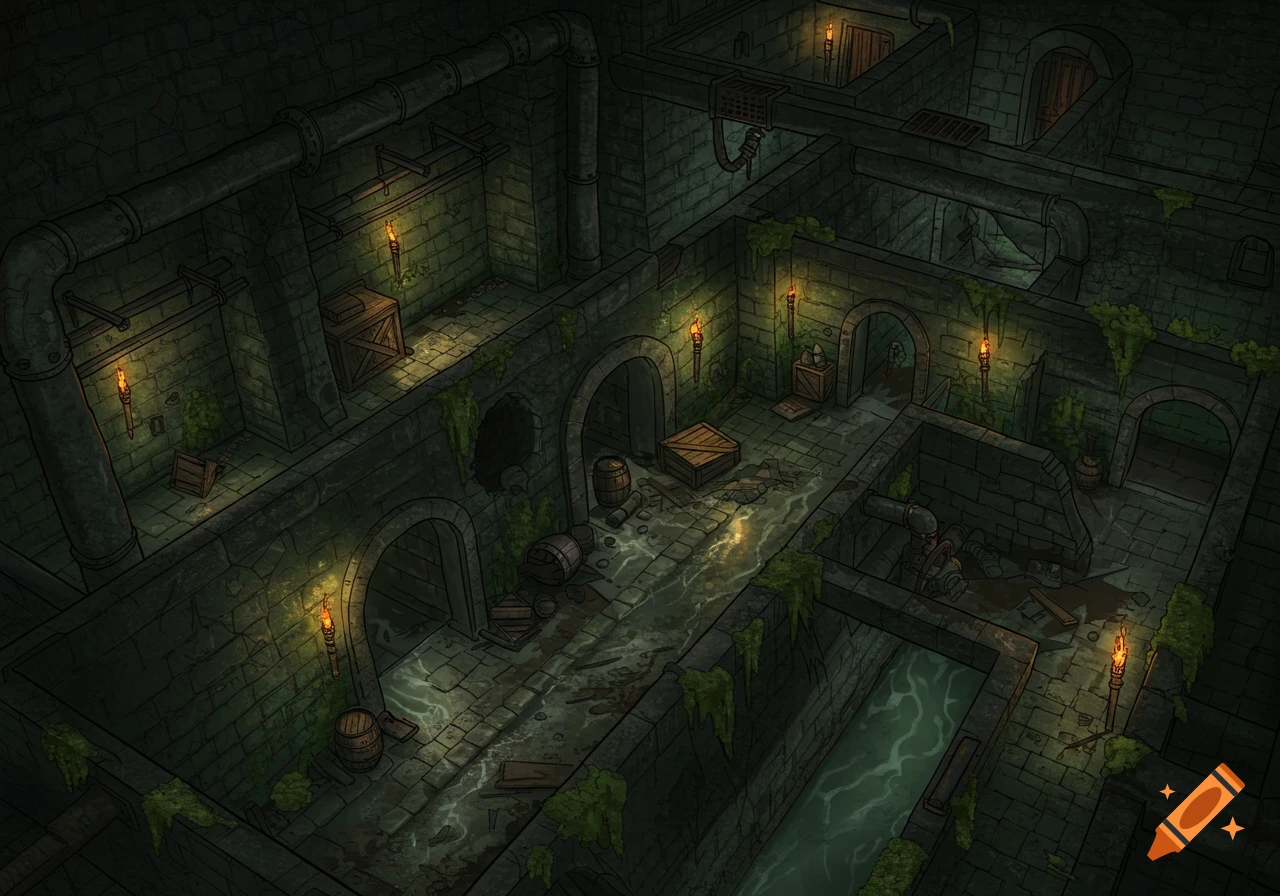 Isometric fantasy battle map of a dark, damp underground sewer with stone walls, pipes, murky water, and torches.