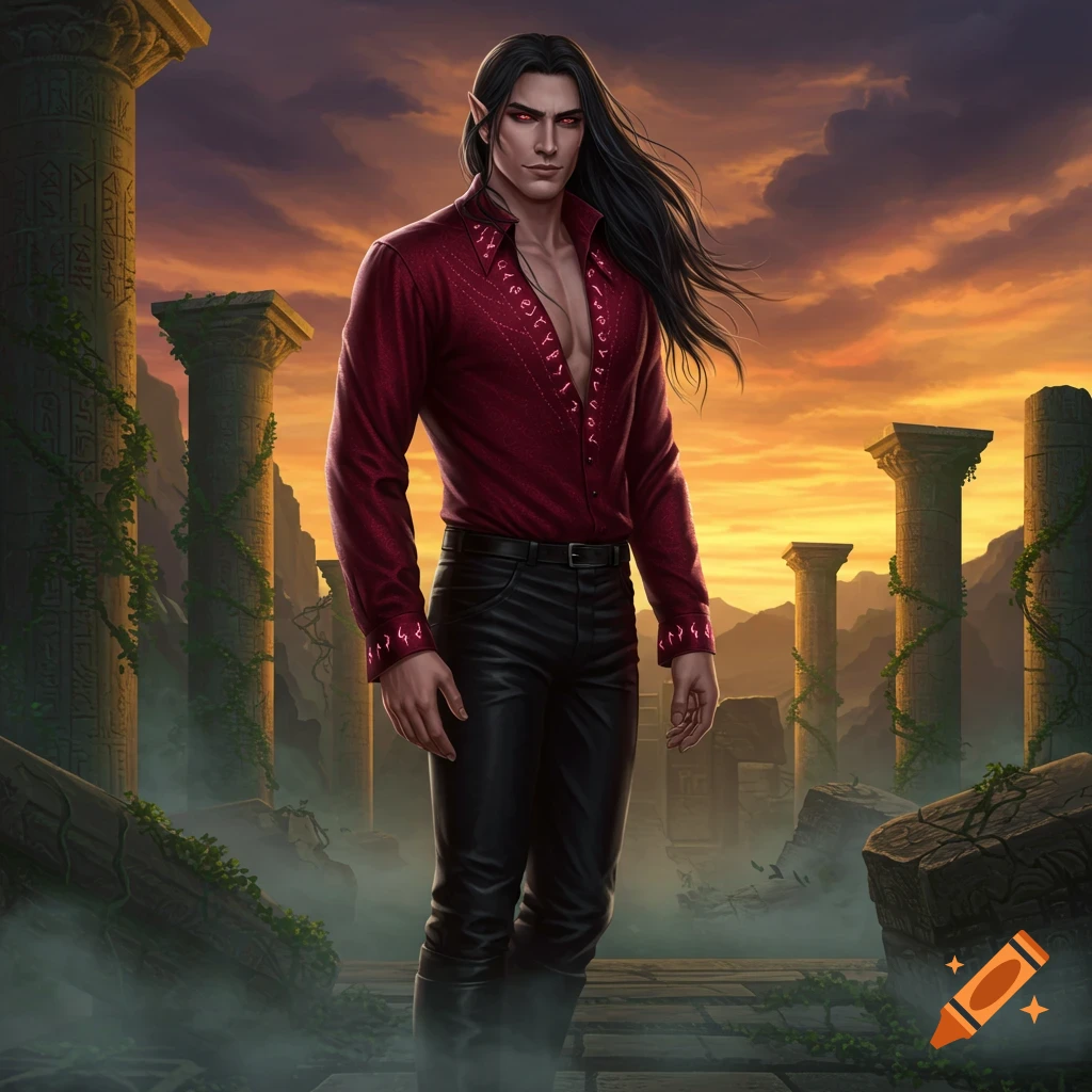 A dark-haired man with pointed ears and red eyes in a red shirt stands in ancient ruins at sunset.