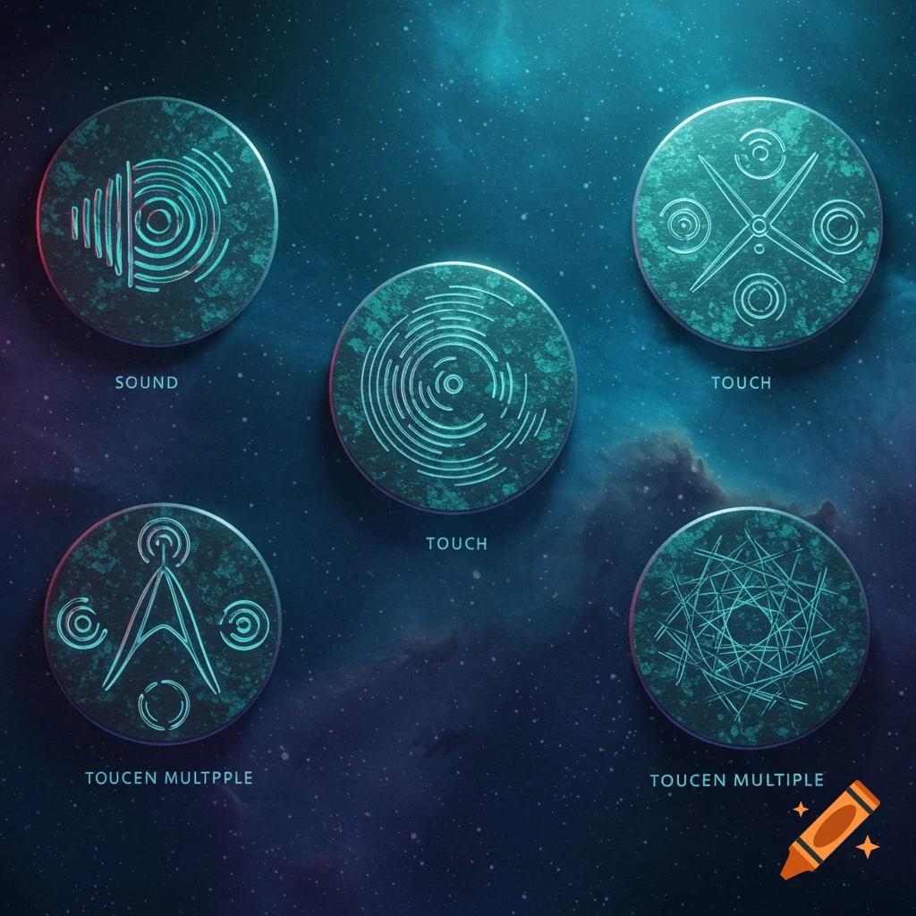Five ancient alien symbols on textured discs against a starry space background.