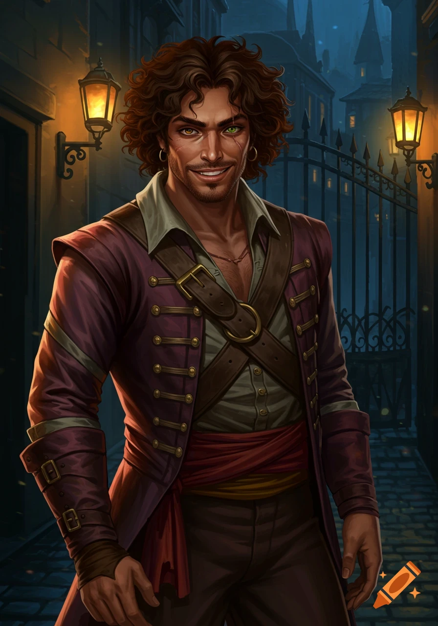 A charismatic fantasy pirate with curly hair, heterochromatic eyes, and scars, smiling in a lamp-lit alley.