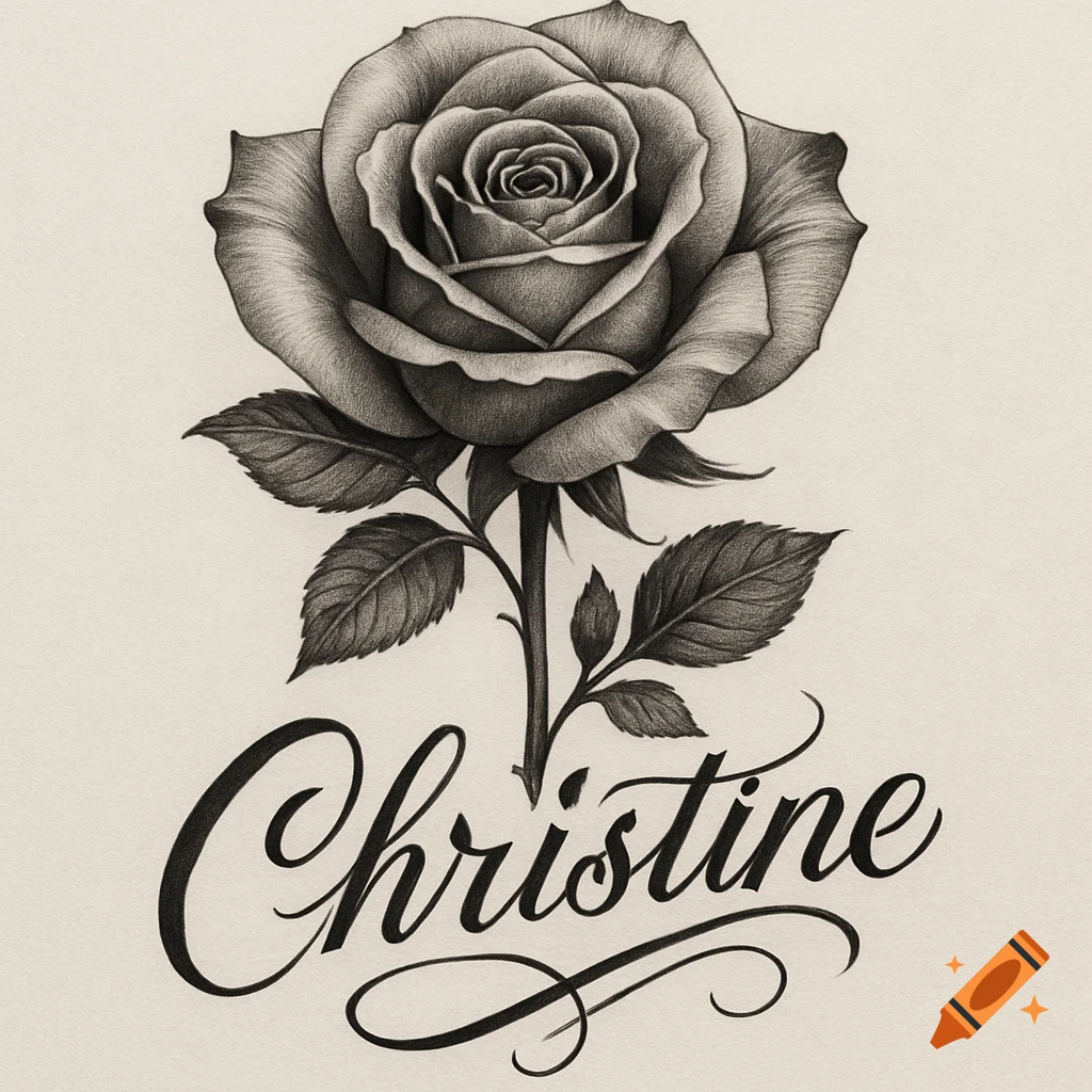 Black and white pencil drawing of a rose with the name Christine in cursive script below it, resembling a tattoo design.