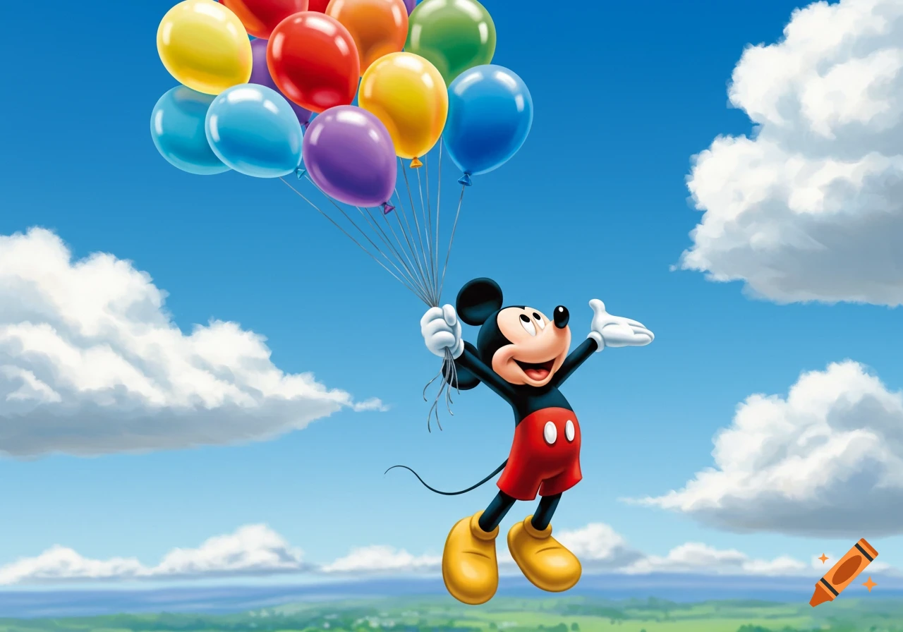 Mickey Mouse happily floats in a bright blue sky, holding a large bunch of colorful helium balloons.