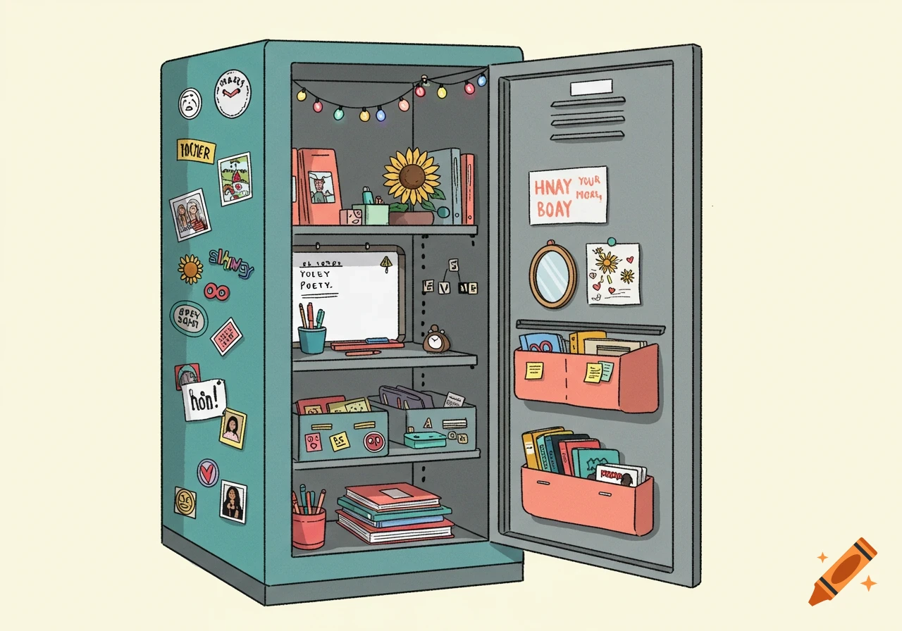 An illustration of an open teal school locker, decorated with string lights, photos, stickers, notes, and organized with books, bins, and school supplies.