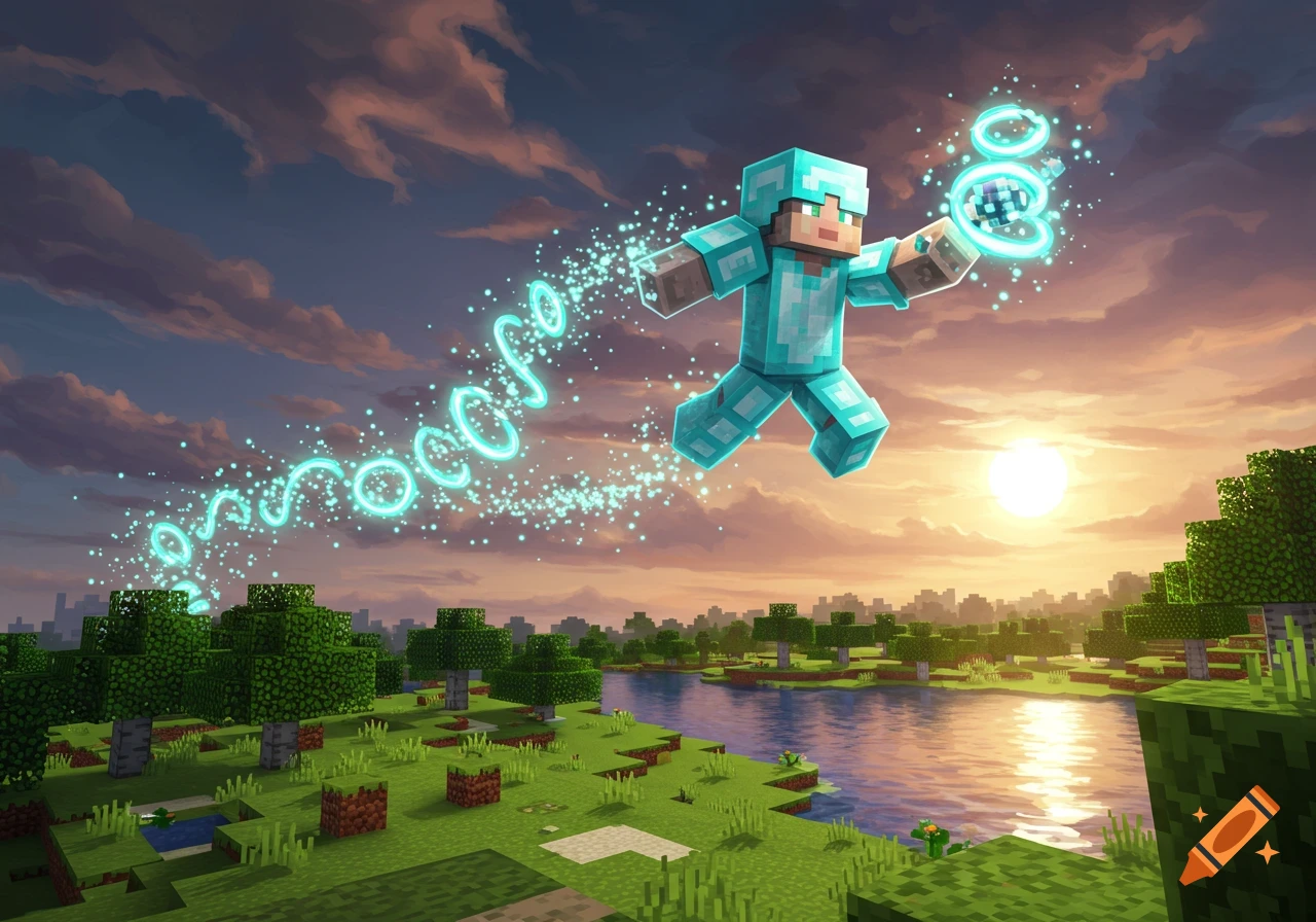 A Minecraft character in diamond armor floats above a blocky landscape at sunset, with a glowing blue energy trail.