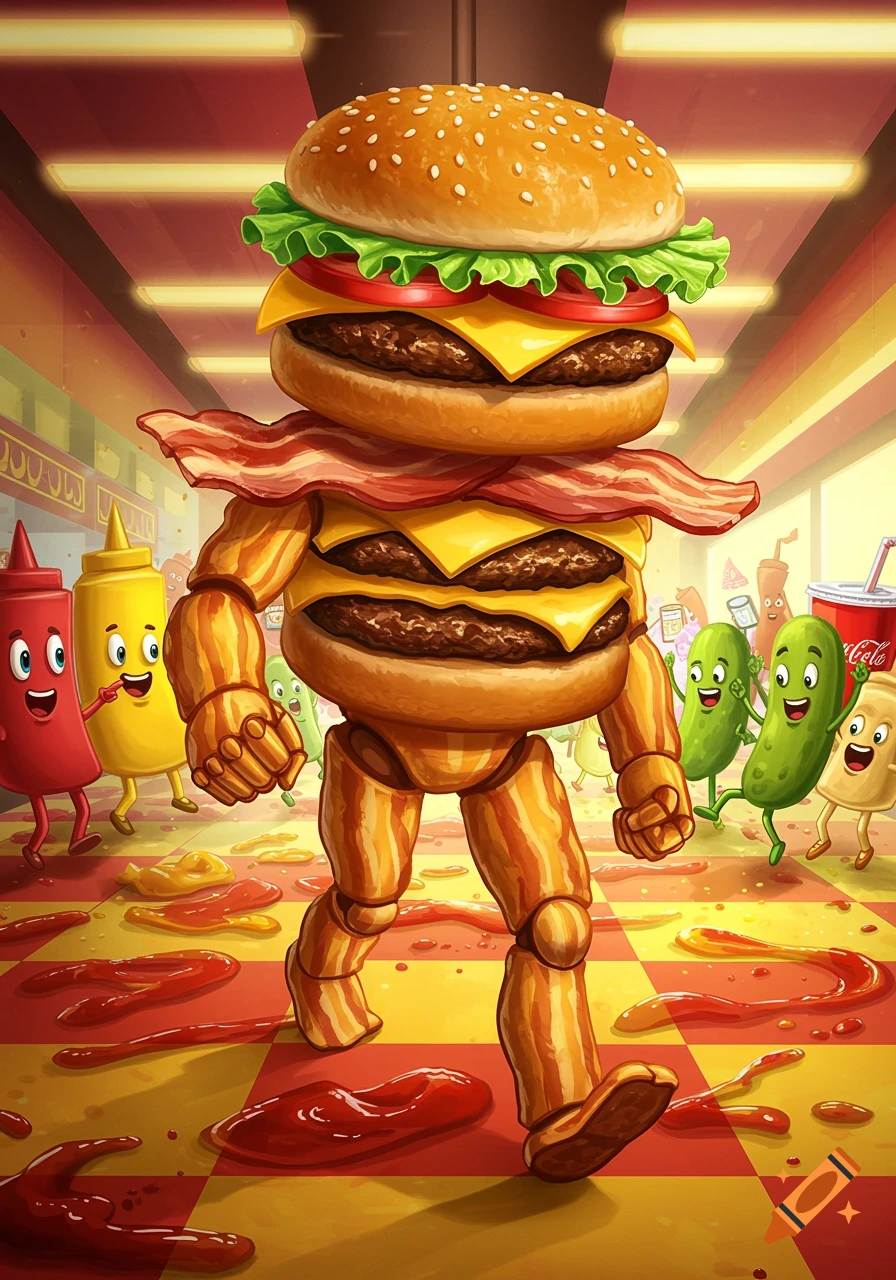 A cartoon burger man, with burger patties and cheese forming his body, and bacon for arms and legs, walks on a checkered floor with spilled condiments. Smiling cartoon ketchup, mustard, and pickle characters follow him in a diner.