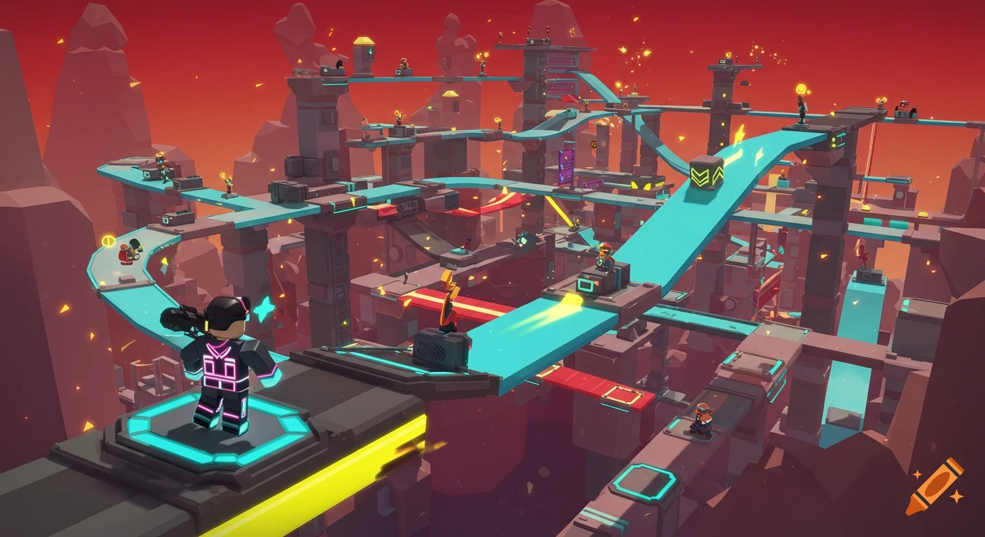 A vibrant 3D render of a Roblox-style obstacle course with multiple characters navigating blue and gray pathways under a red sky.