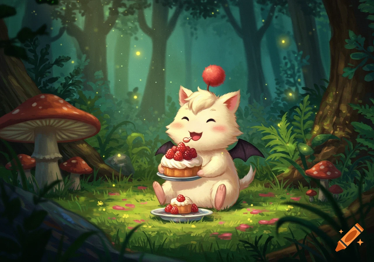 A happy, fluffy moogle with bat wings eating a raspberry cupcake in a vibrant forest with glowing fireflies.
