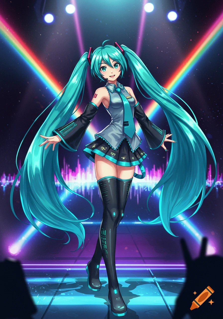 Hatsune Miku performs on a vibrant stage with glowing rainbow lights and digital sound wave graphics.