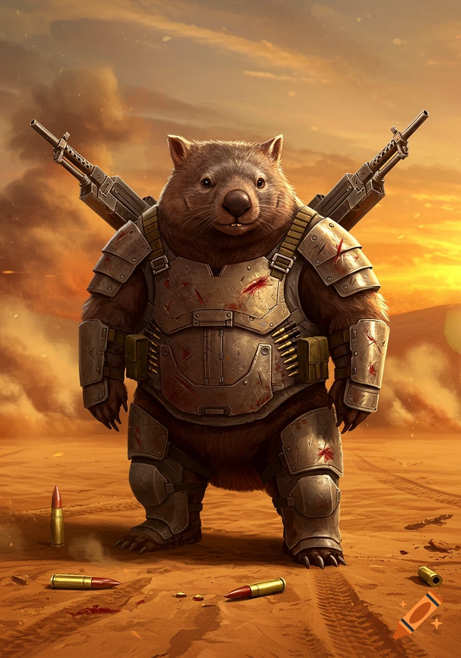 An armored wombat with machine guns on its back stands in a desert at sunset.