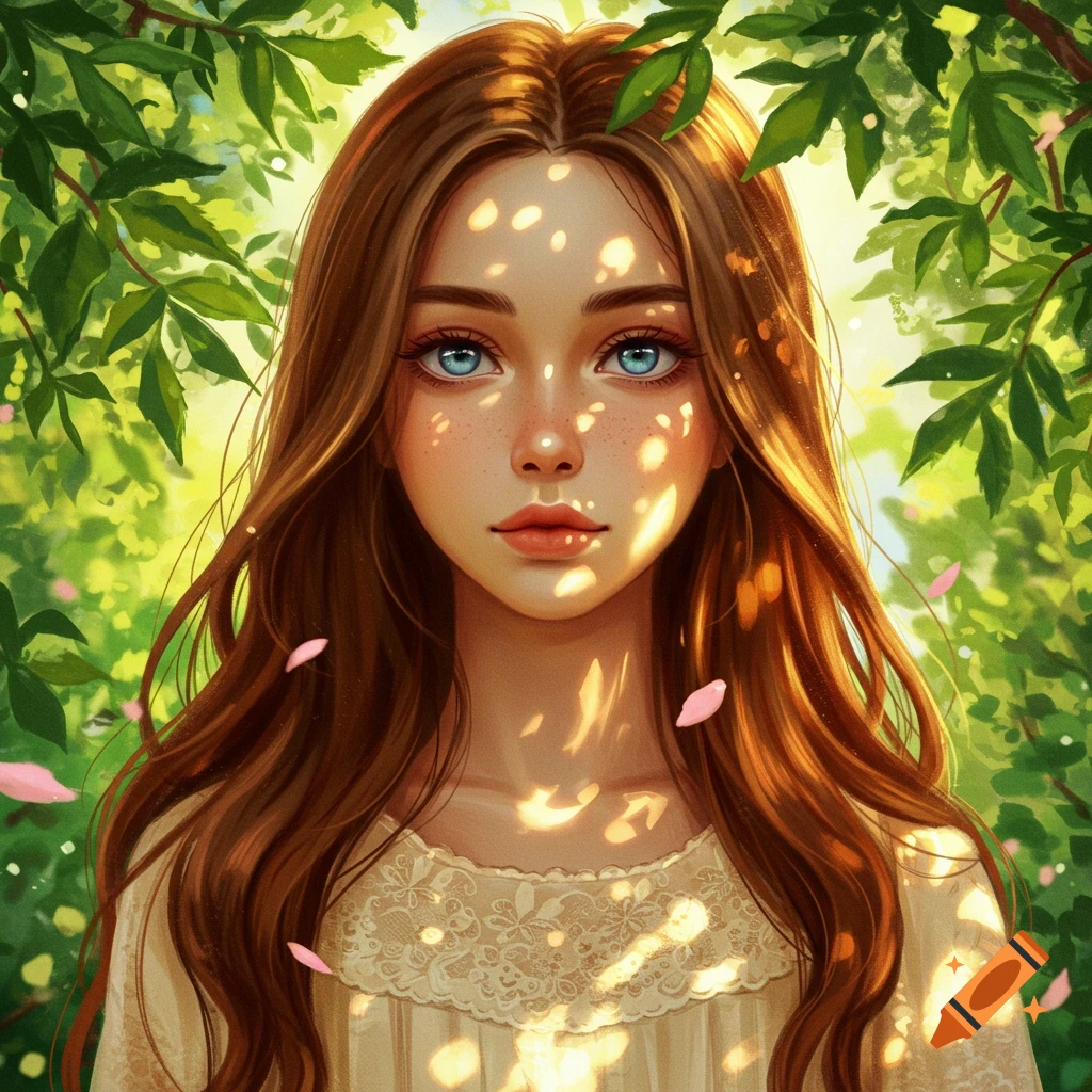 A digital illustration of a girl with long brown hair, blue eyes, and freckles, standing in a lush green forest with dappled sunlight.