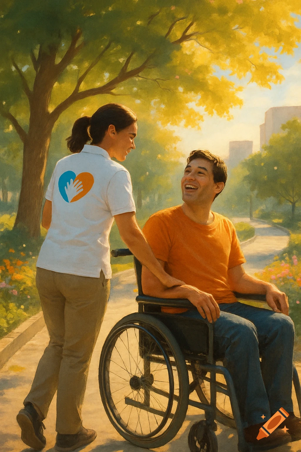 A support worker in a white shirt with a heart logo pushes a smiling disabled person in a wheelchair through a sunny park, in a painterly style.