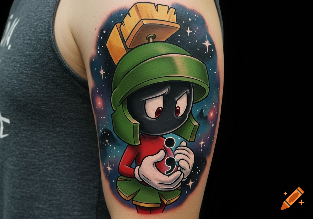 A colorful tattoo on an arm depicts Marvin the Martian holding a semicolon symbol against a starry space background.