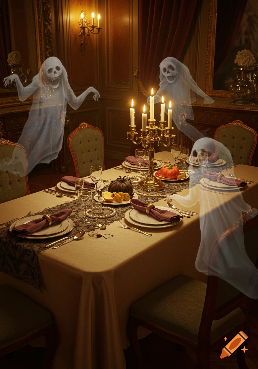 Three translucent ghosts appear around a beautifully set dining table in a grand, candlelit room.