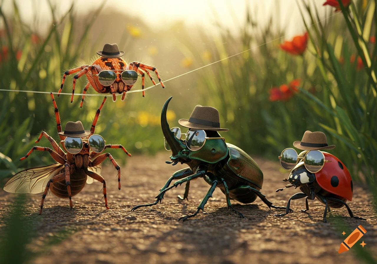 Four insects, including two spiders, a rhino beetle, and a ladybug, wearing cool hats and sunglasses on a dirt path in a sunny field.
