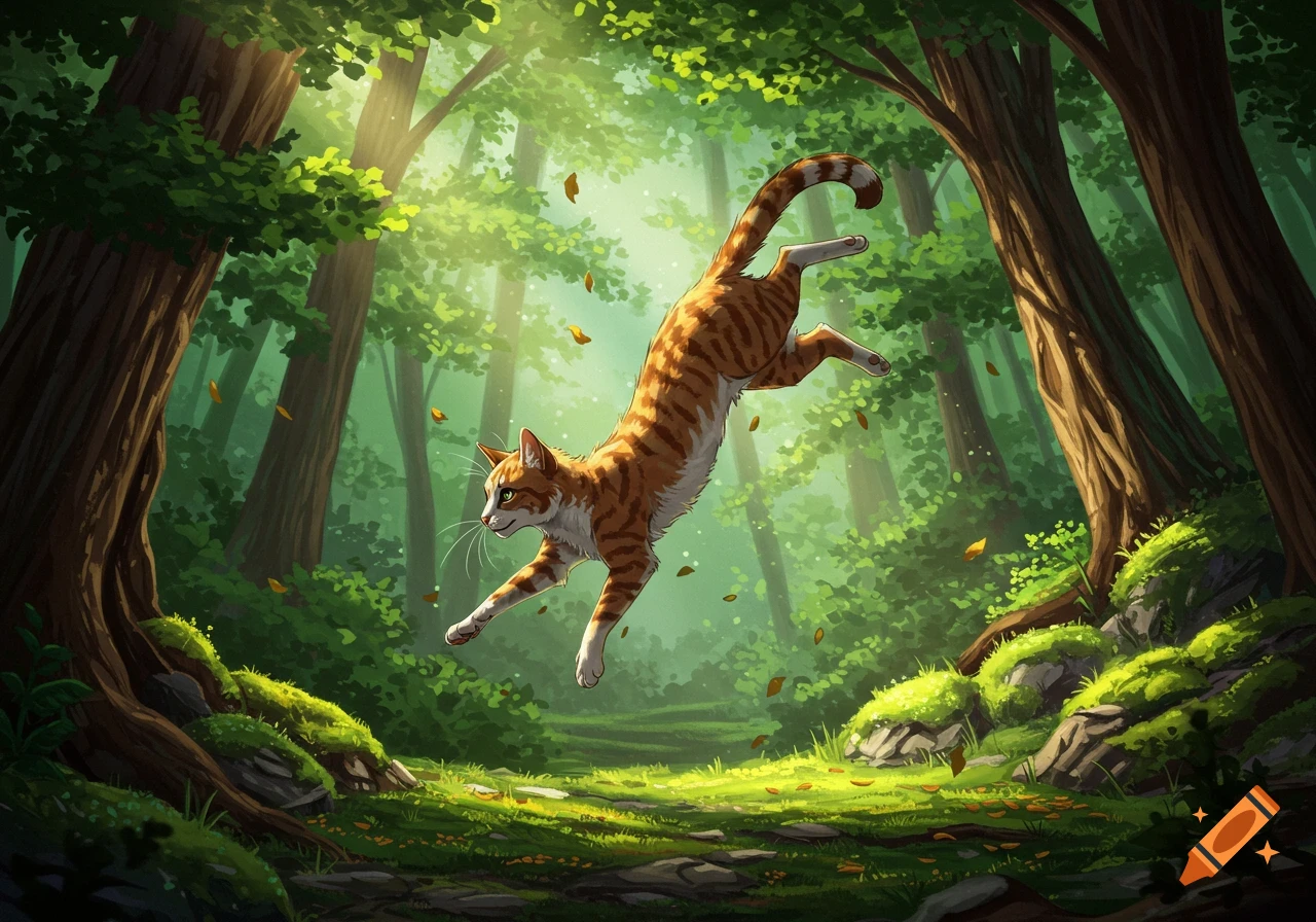 An orange and white tabby cat jumps gracefully through a sun-dappled green forest, with leaves falling around it, in an illustrated style.