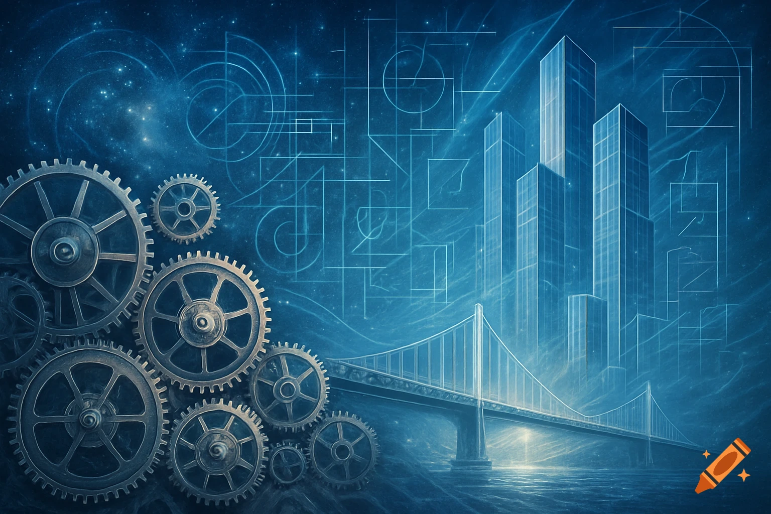 A conceptual digital illustration shows gears, a suspension bridge, and glowing blueprint-like skyscrapers in shades of blue against a starry background.