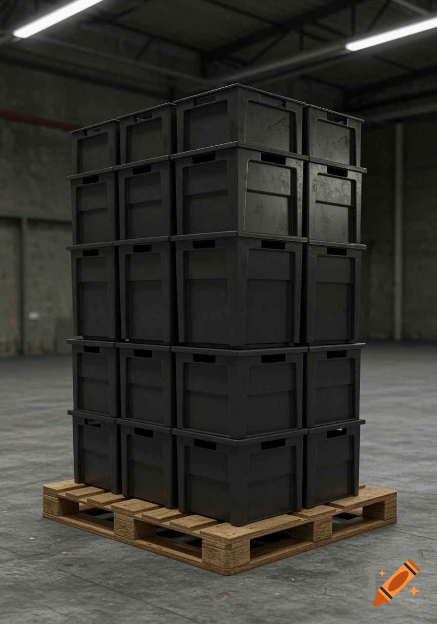 A tall stack of black plastic storage totes sits on a wooden pallet in a dimly lit warehouse.