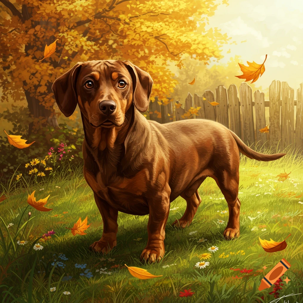 A brown dachshund-like dog stands in a sunny, grassy autumn yard with falling yellow leaves and a wooden fence.