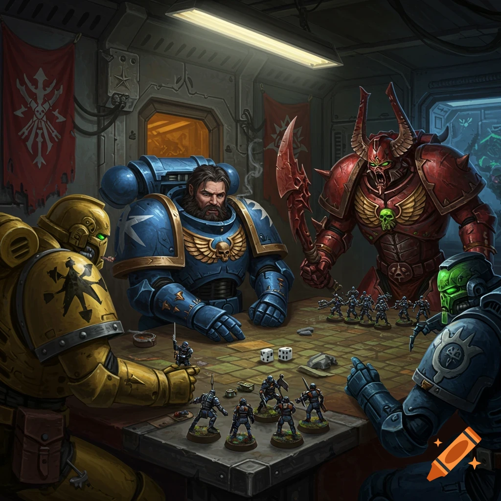 Four armored figures from Warhammer 40k, including a Space Marine and a Khorne Berserker, playing a miniature wargame at a table in a dimly lit, futuristic room.