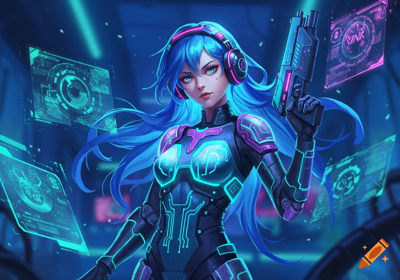 Anime style digital painting of a blue-haired cybernetic girl in a tech suit with headphones, holding a futuristic gun, surrounded by holographic screens.