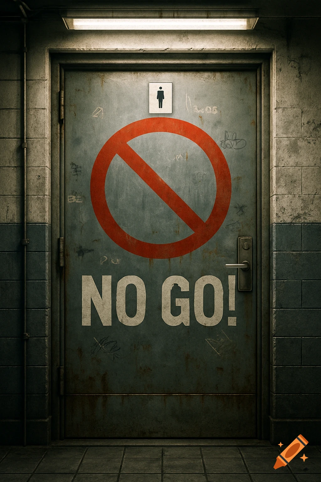 A rusty, distressed metal door with a red 'do not enter' symbol and 'NO GO!' text, in a dark, grimy tiled hallway.
