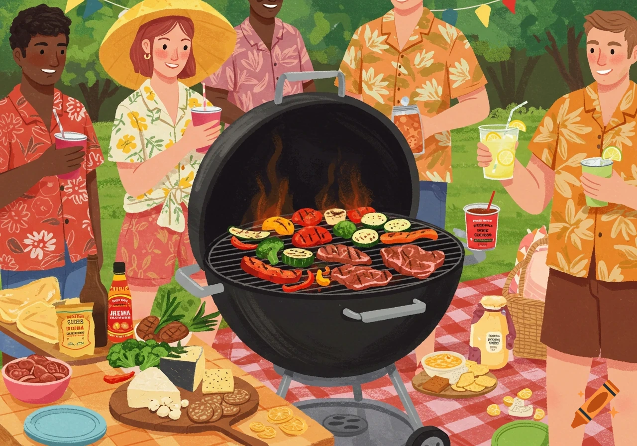 An illustration of a diverse group of people enjoying a summer barbecue in a park, grilling meat and vegetables, with various food items on a picnic table.