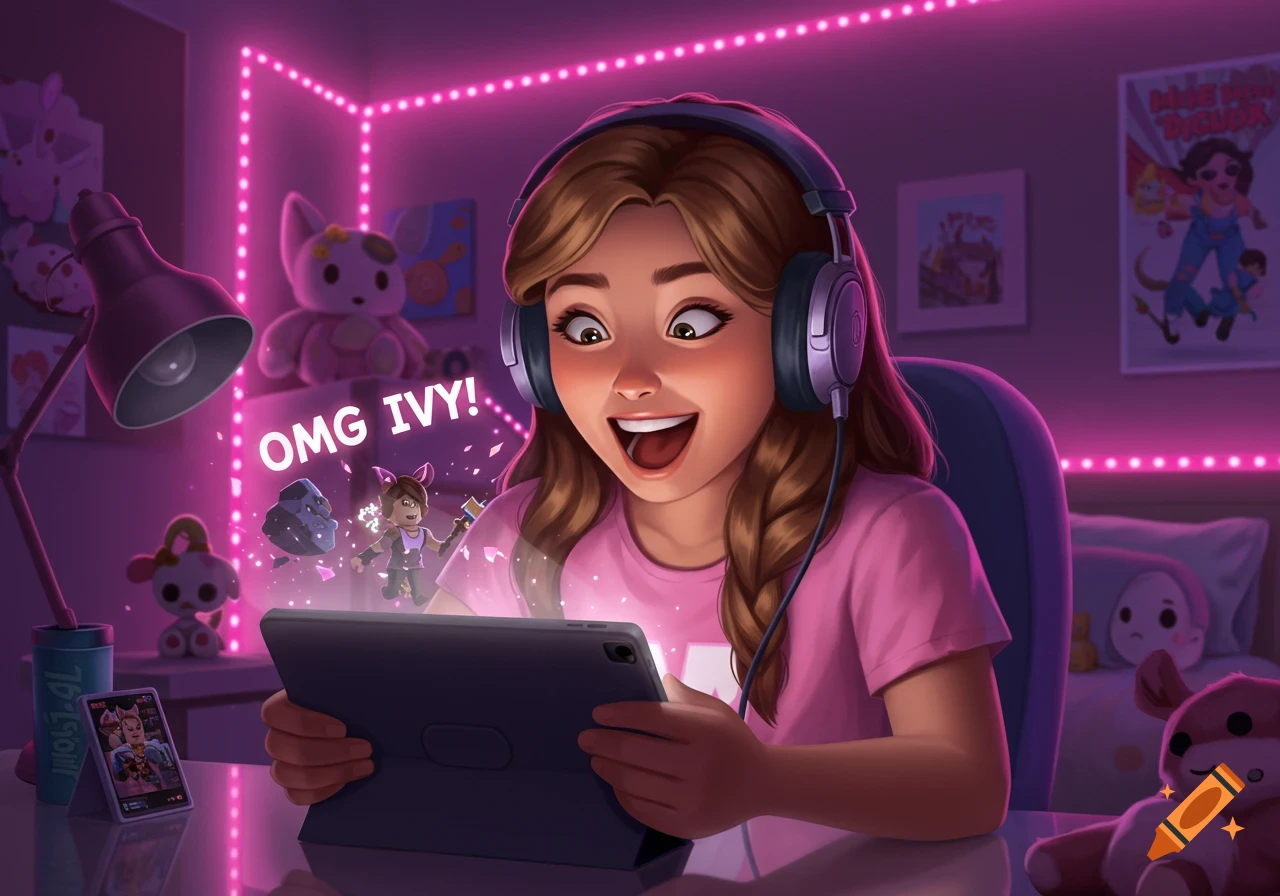 An excited girl with headphones plays a game on a tablet in a pink neon-lit room, with floating game characters and 'OMG IVY!' text.