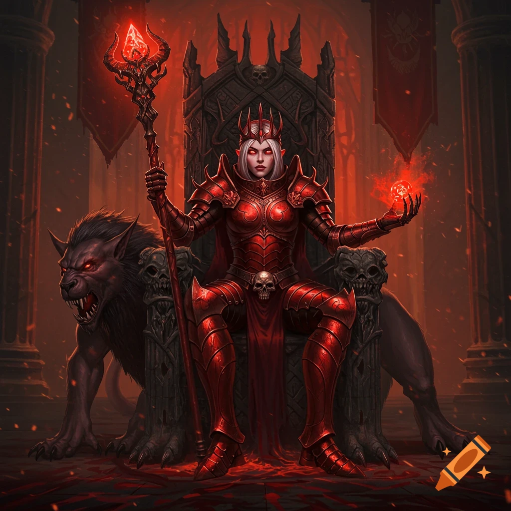 A majestic blood queen in red, demonic armor sits on a skull throne, holding a glowing staff and orb, with a ferocious hellbeast guarding her in a dark, ancient hall.