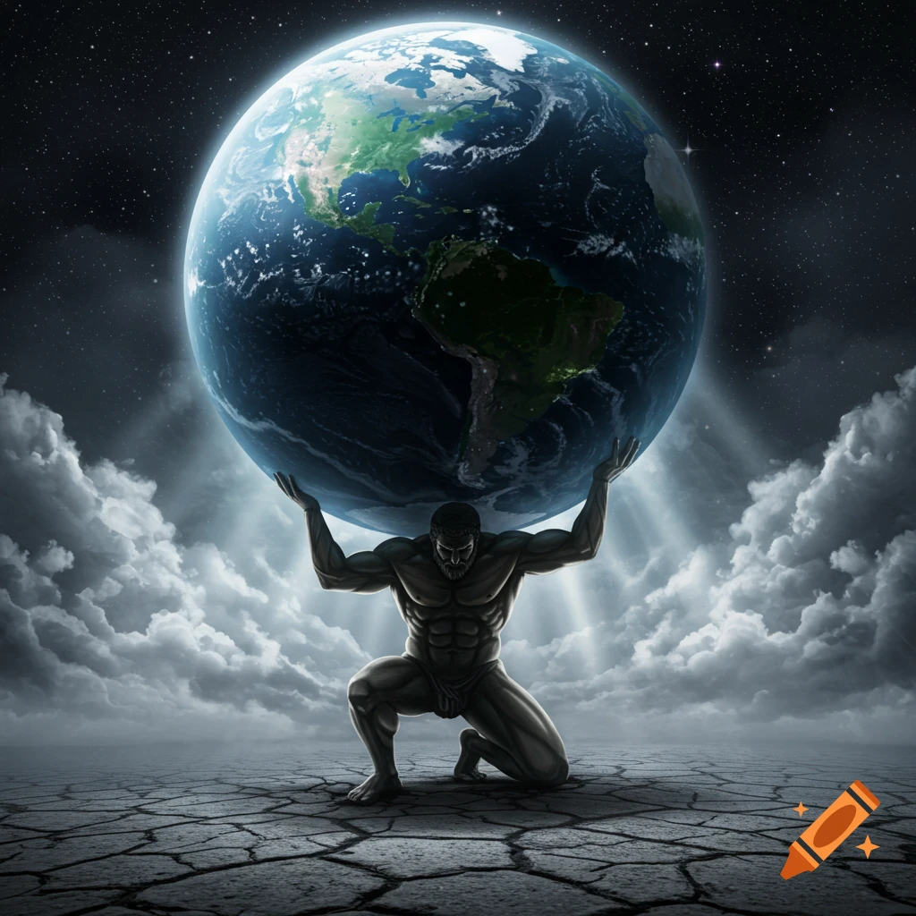 A muscular figure, Atlas, kneels and holds up the Earth against a backdrop of clouds and a starry night sky, in a digital painting style.