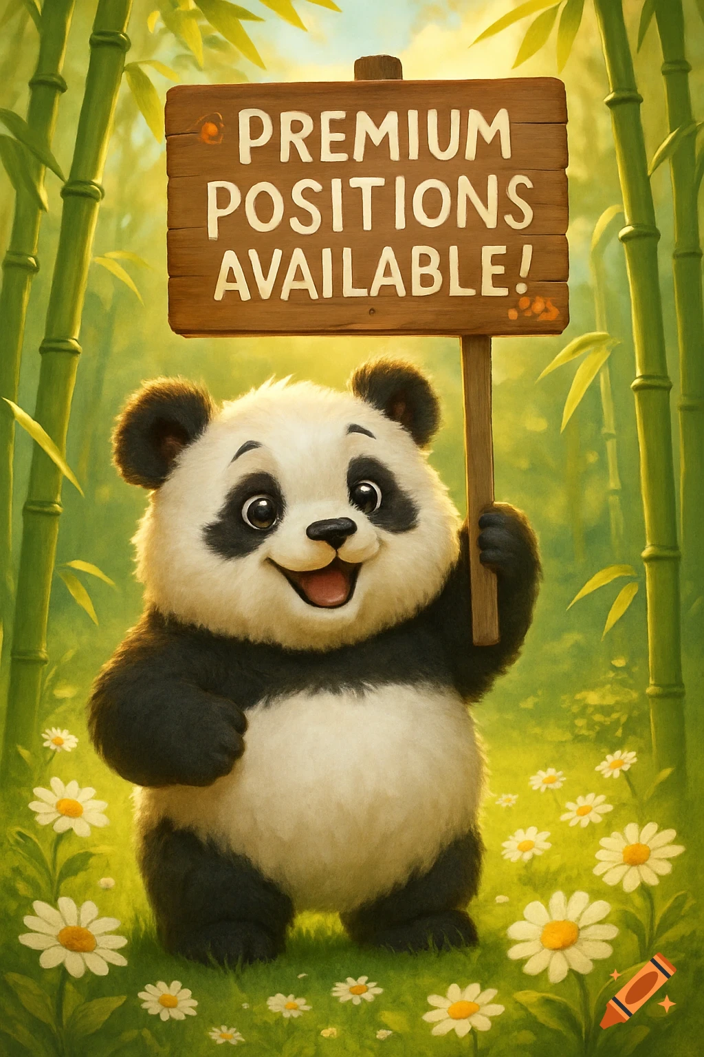 A cute cartoon panda smiles, holding a wooden sign that says 'Premium Positions Available!' in a bamboo forest with daisies.